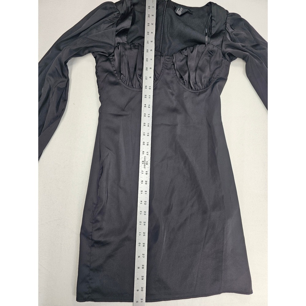 Black Satin Square Neck Long Sleeve Bodycon Mini Dress - Picture 7 of 8